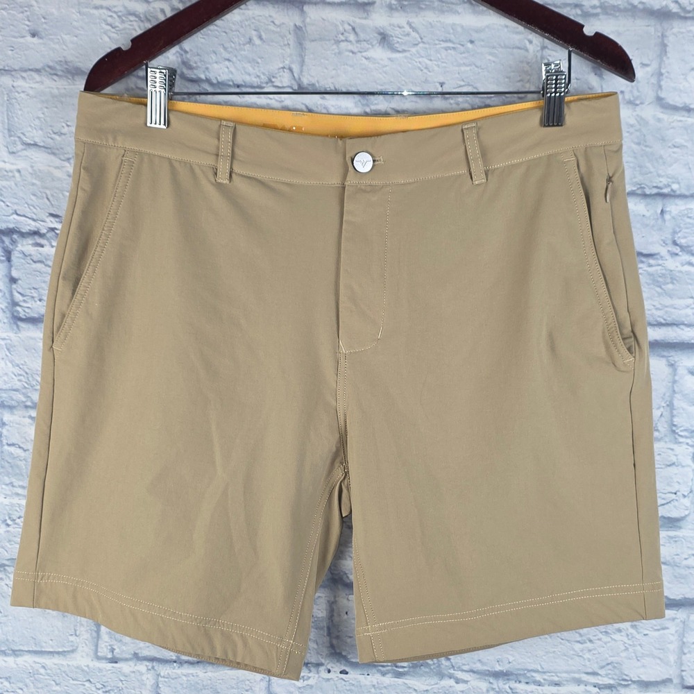Avalon Men Performance Stretch Golf Shorts Khaki Tan 7 Inch Inseam Size 34